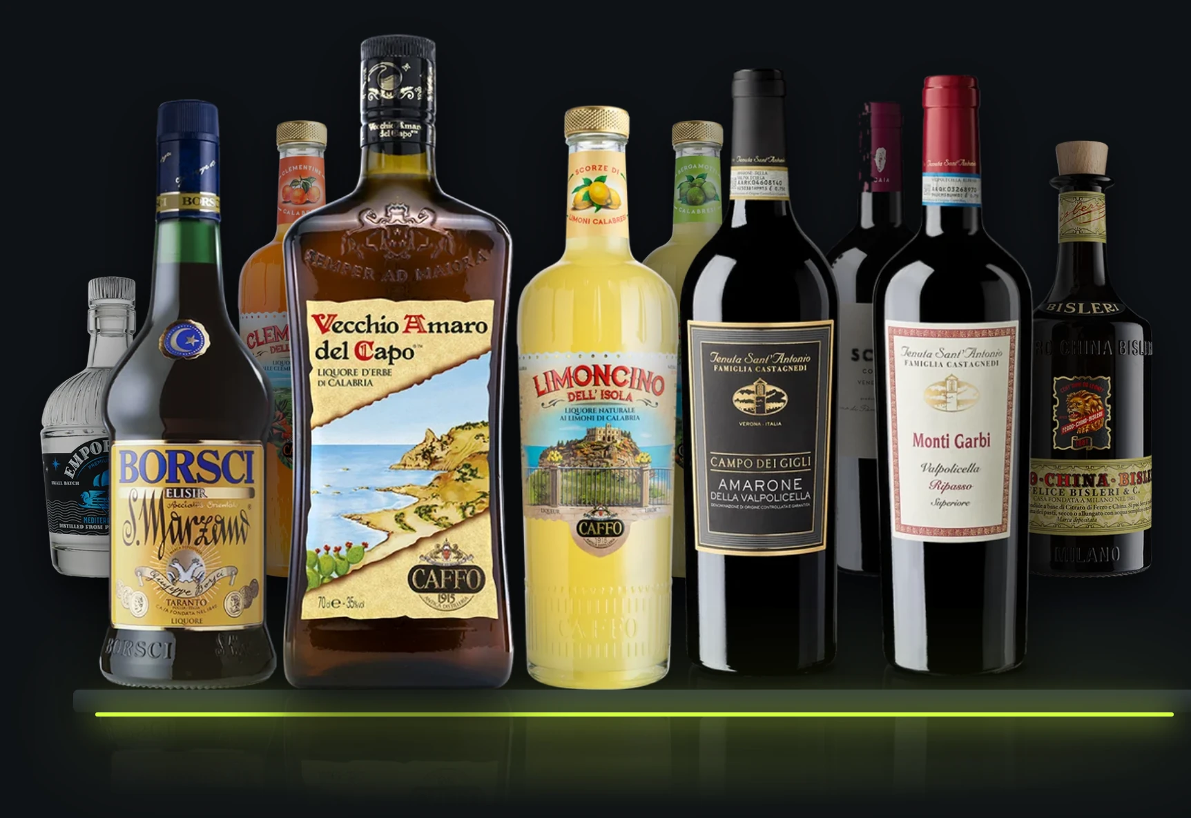 A LuckyMind polca: Vecchio Amaro del Capo, Borsci, Limoncino dell'Isola, Clementino, Bergamino, Emporia Gin, Bisleri Ferro-China, Amarone Campo dei Gigli, Ripasso Monti Garbi és Scaia Corvina